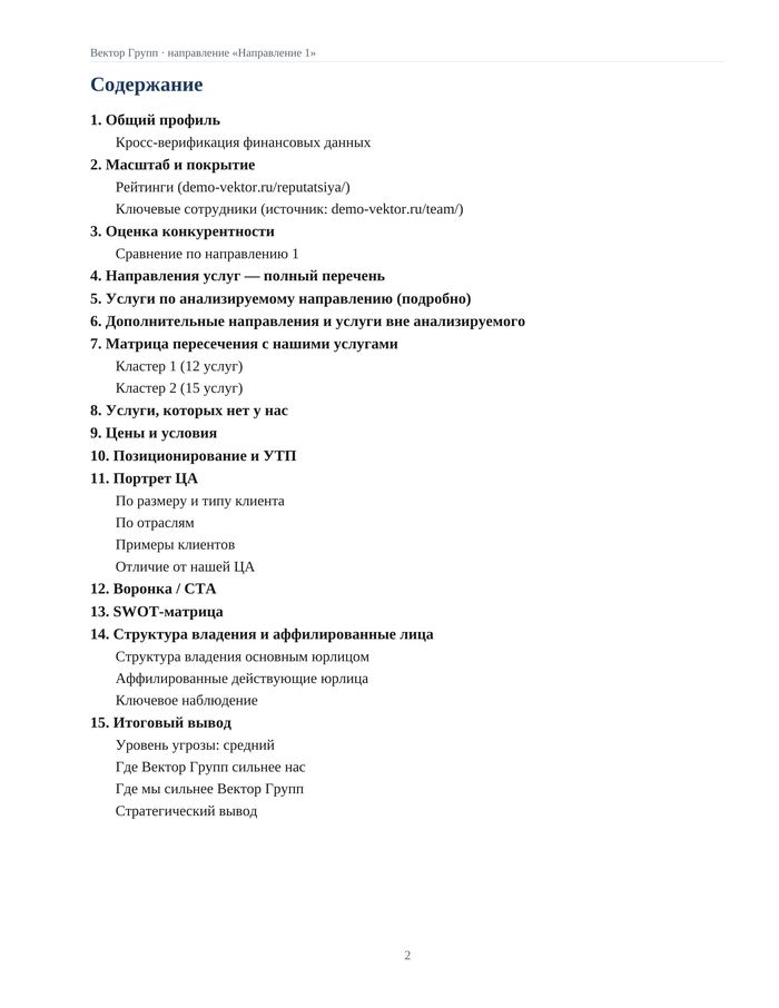 Оглавление демонстрационного досье конкурента на 15 разделов
